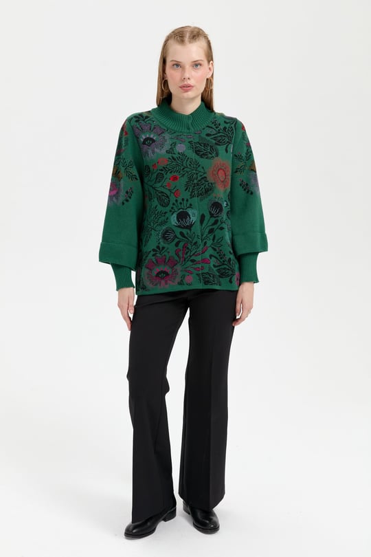 Kadın Dik Yaka Önü Renkli Çiçekli Kısa Yün Ceket Ö.Başı