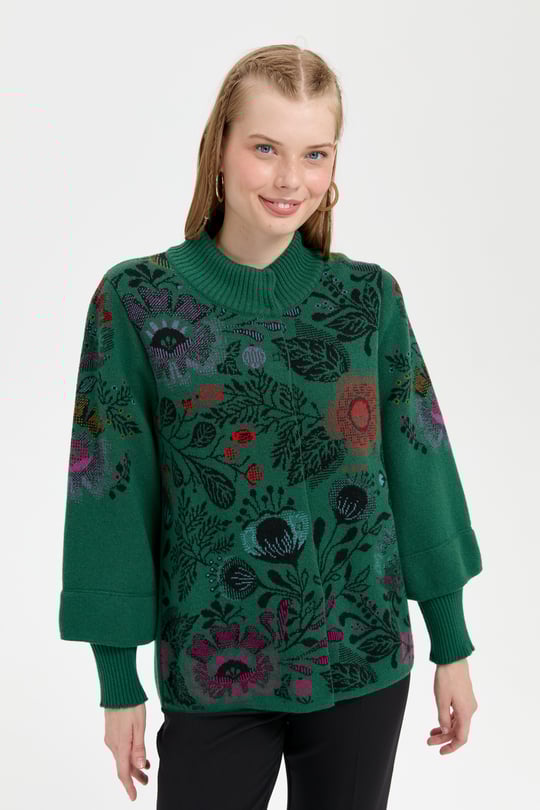 Kadın Dik Yaka Önü Renkli Çiçekli Kısa Yün Ceket Ö.Başı