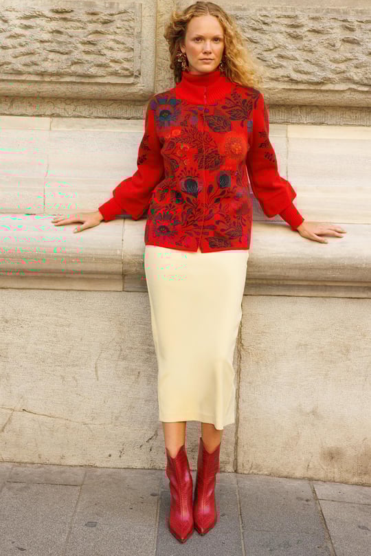 Kadın Dik Yaka Önü Renkli Çiçekli Kısa Yün Ceket Mercan