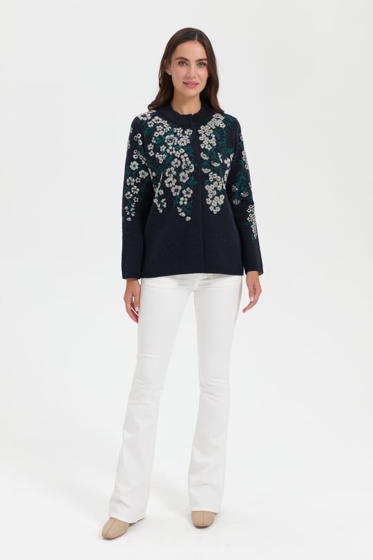 Kadın Dik Yaka Pıtırcık Çiçekli Yün Ceket K.Lacivert