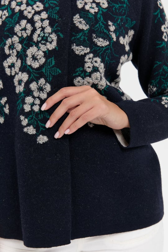 Kadın Dik Yaka Pıtırcık Çiçekli Yün Ceket K.Lacivert