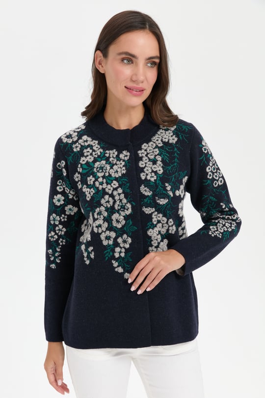 Kadın Dik Yaka Pıtırcık Çiçekli Yün Ceket K.Lacivert