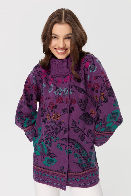 Kadın Dik Yaka Sarmaşık Çiçekli Yün Kaban A.Mor