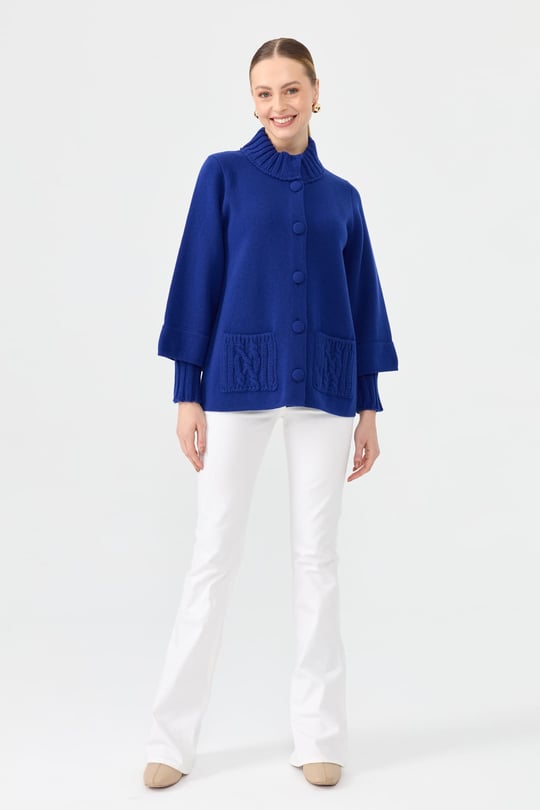 Kadın Dik Yaka Truvakar Kol Kısa Yün Ceket K.S.Mavi