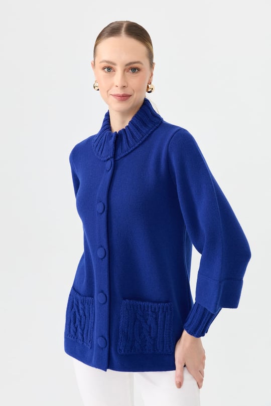 Kadın Dik Yaka Truvakar Kol Kısa Yün Ceket K.S.Mavi