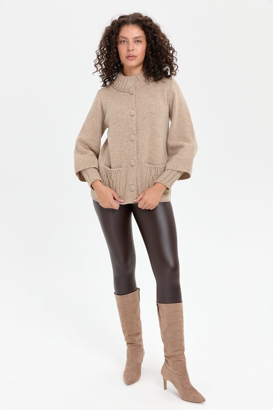 Kadın Dik Yaka Truvakar Kol Kısa Yün Ceket K.Bej