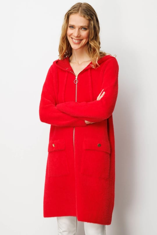 Kadın Kapüşonlu Cebi Metal Düğmeli Afrodit Triko Kaban Y.Kırmızı