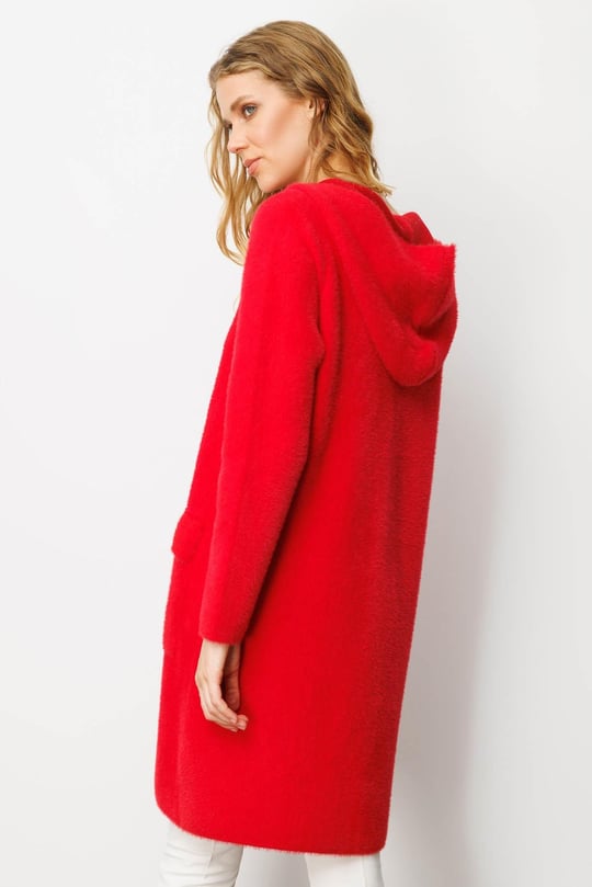 Kadın Kapüşonlu Cebi Metal Düğmeli Afrodit Triko Kaban Y.Kırmızı