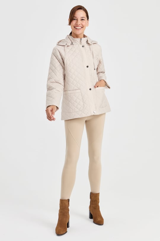 Womens Hooded Outer Pocket Short Quilted Jacket Navy Beige