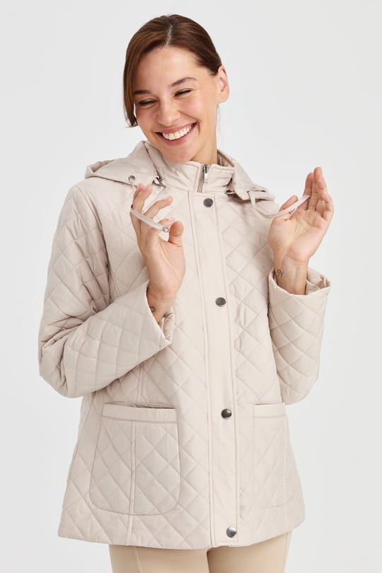 Womens Hooded Outer Pocket Short Quilted Jacket Navy Beige