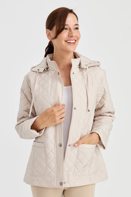 Womens Hooded Outer Pocket Short Quilted Jacket Navy Beige