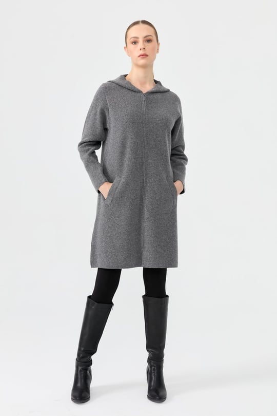 Kadın Kapüşonlu Fermuarlı Basic Uzun Yün Hırka Füme