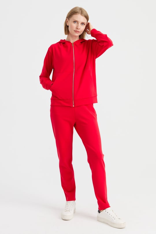 Kadın Kapüşonlu Fileli Yan Cepli Sweat Kırmızı