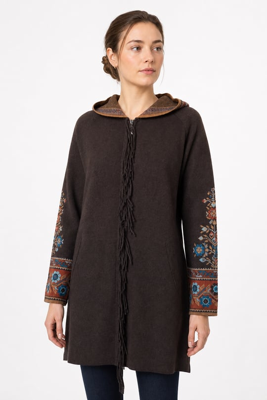 25056Kadın Kapüşonlu Kilim Jakarlı Püsküllü Yün Kaban K.Kahve