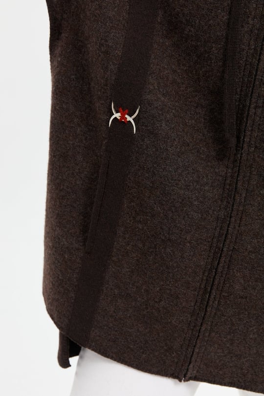 Kadın Kapüşonlu Önü Keçe İşlemeli Fermuarlı Yün Panço K.Kahve