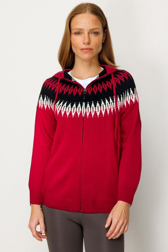 25230Kadın Kapüşonlu Robası Baklavalı Hırka K.Kırmızı