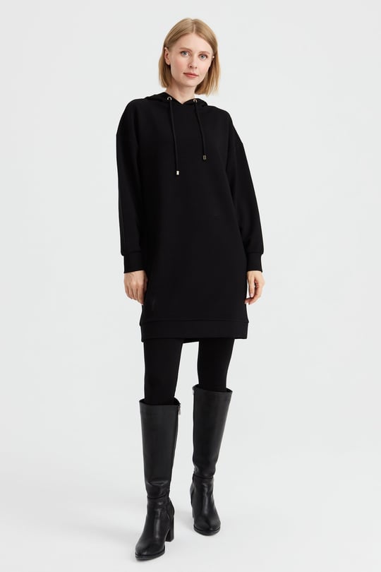 Kadın Kapüşonlu Sweat Elbise Siyah