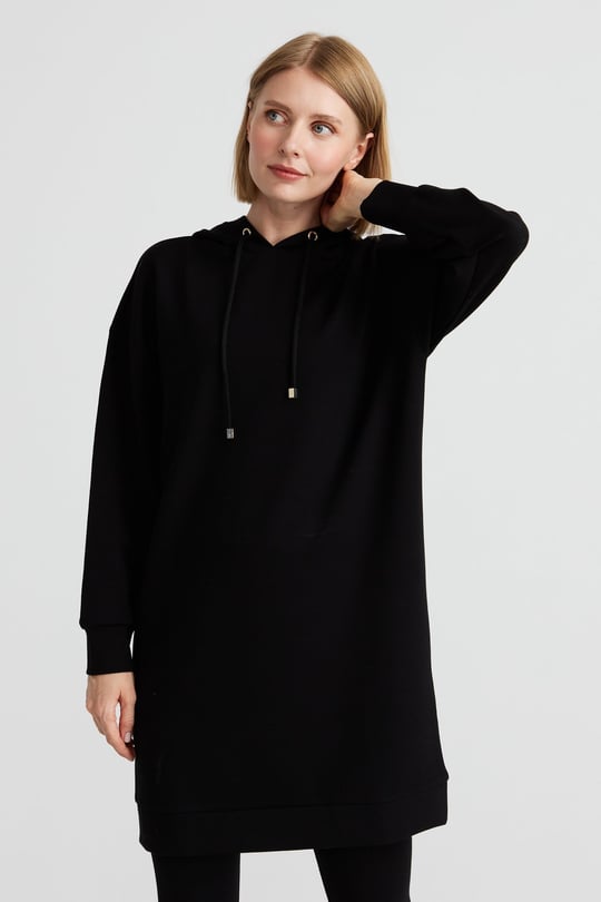 Kadın Kapüşonlu Sweat Elbise Siyah