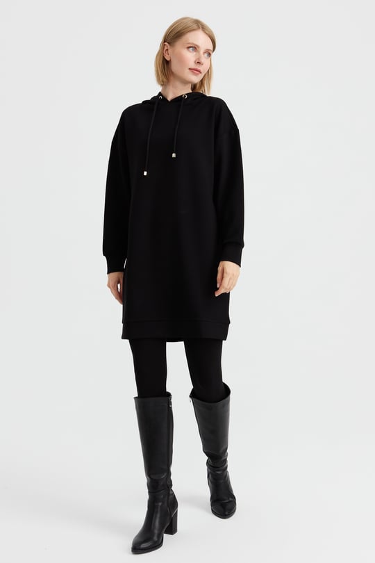 Kadın Kapüşonlu Sweat Elbise Siyah