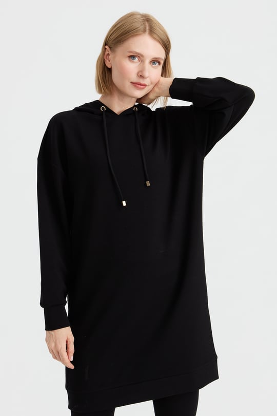 Kadın Kapüşonlu Sweat Elbise Siyah