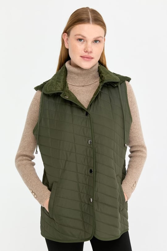 Kadın Kapüşonlu Yan Cepli Kapitone Yelek Haki