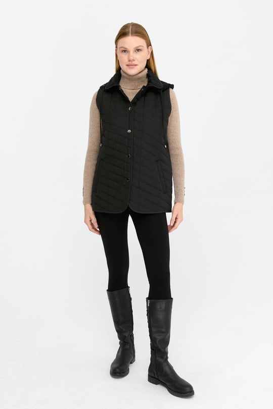 Kadın Kapüşonlu Yan Cepli Kapitone Yelek Siyah