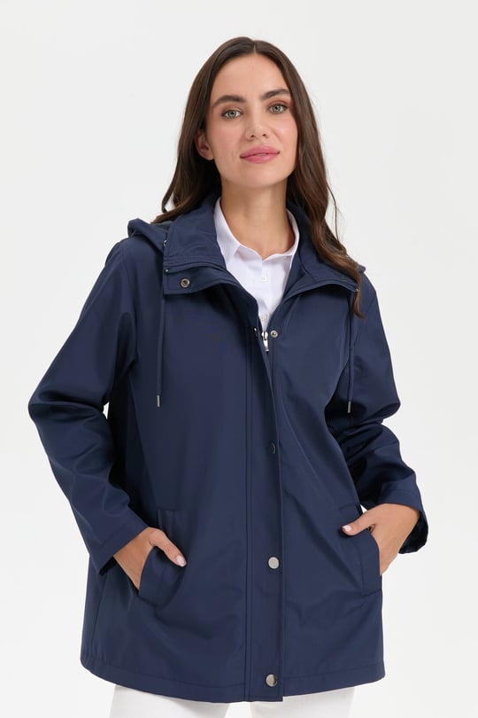 Kadın Kapüşonlu Yan Cepli Kısa Trençkot Lacivert