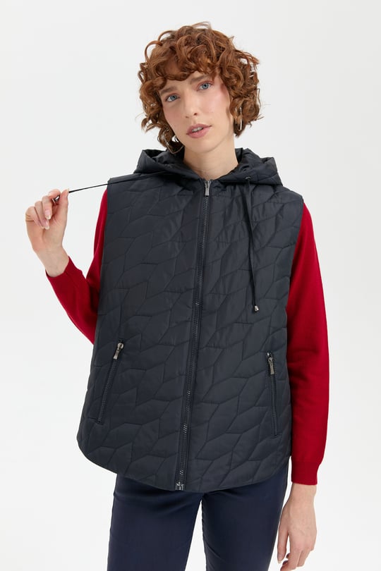 Kadın Kapüşonlu Yaprak Desenli Kısa Kapitone Yelek Lacivert