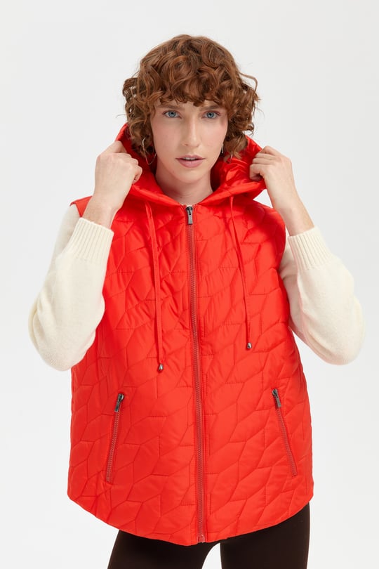 Kadın Kapüşonlu Yaprak Desenli Kısa Kapitone Yelek Oranj