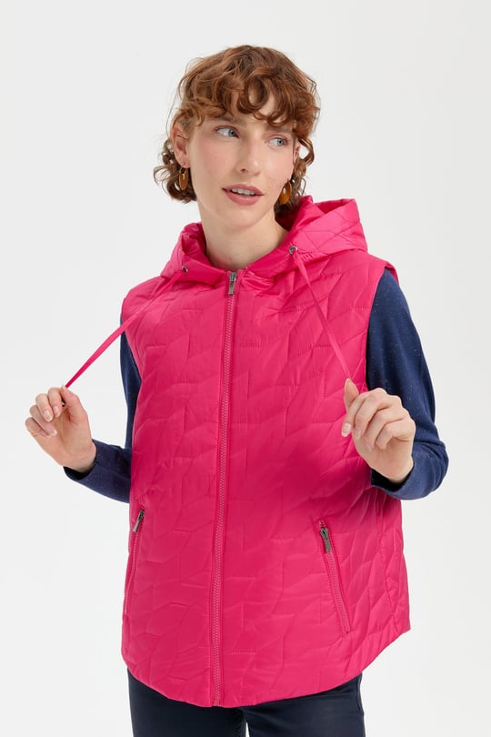 Kadın Kapüşonlu Yaprak Desenli Kısa Kapitone Yelek Fuşya