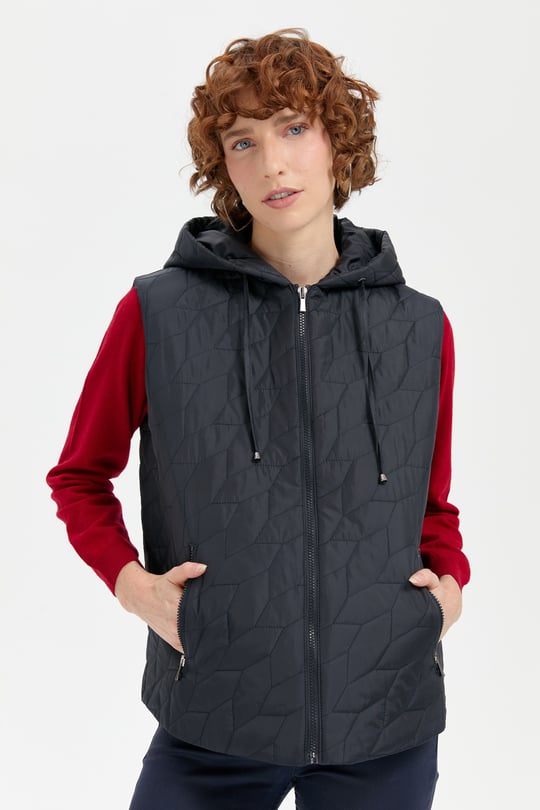 Kadın Kapüşonlu Yaprak Desenli Kısa Kapitone Yelek Lacivert