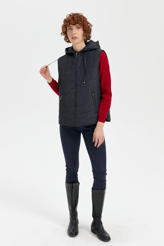 Kadın Kapüşonlu Yaprak Desenli Kısa Kapitone Yelek Lacivert