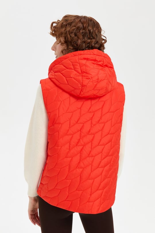 Kadın Kapüşonlu Yaprak Desenli Kısa Kapitone Yelek Oranj