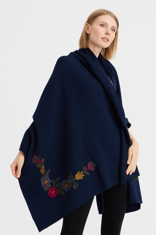 Womens Corners Embroidered Shawl Navy Blue