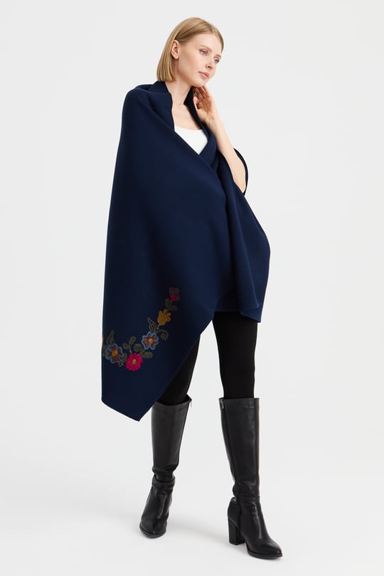 Womens Corners Embroidered Shawl Navy Blue