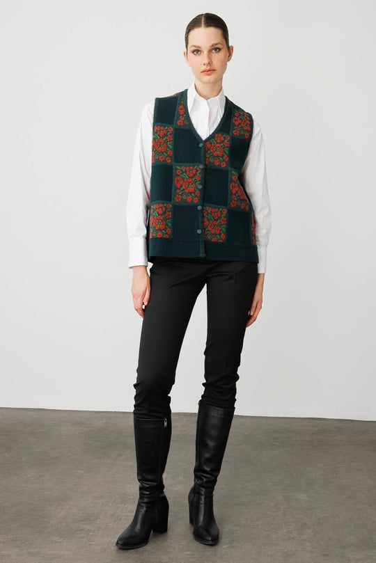 Kadın Pıtırcık Çiçekli Patchwork Keçe Yün Yelek Yeşil_Kiremit
