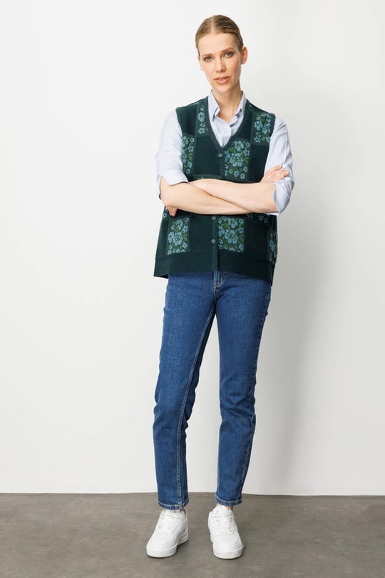 Kadın Pıtırcık Çiçekli Patchwork Keçe Yün Yelek Yeşil_M.Yeşili