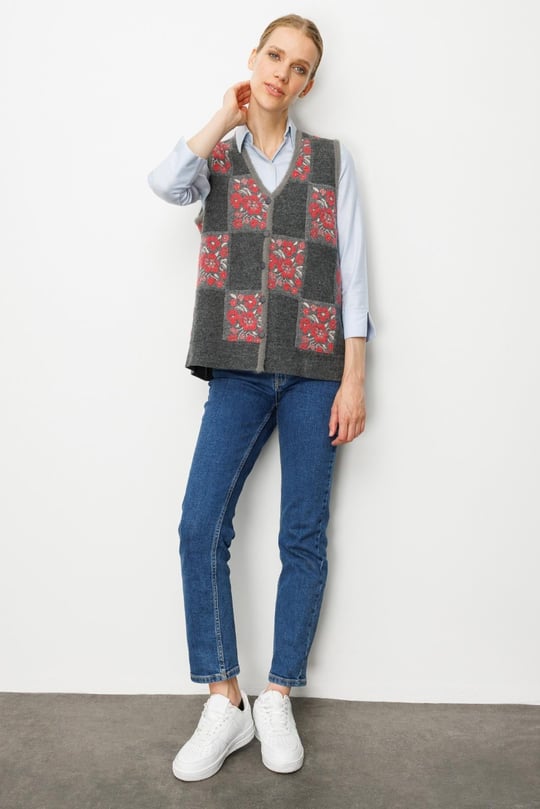 Womens Floral Patchwork Wool Vest