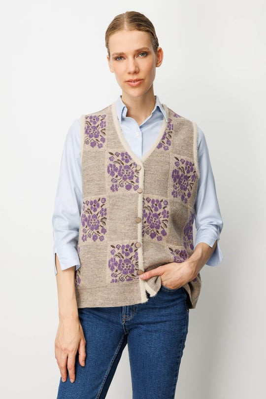 Kadın Pıtırcık Çiçekli Patchwork Keçe Yün Yelek Bej_Mor