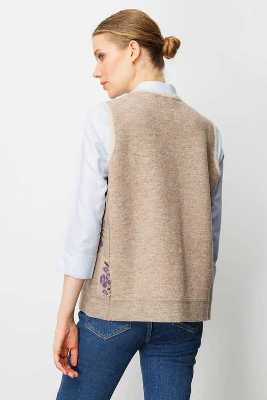 Kadın Pıtırcık Çiçekli Patchwork Keçe Yün Yelek Bej_Mor