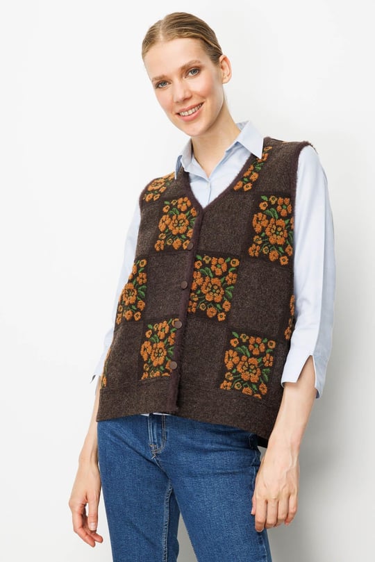 Kadın Pıtırcık Çiçekli Patchwork Keçe Yün Yelek K.Kahve_Tarçın