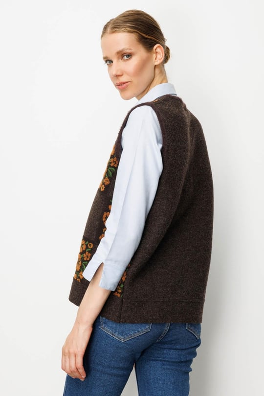 Kadın Pıtırcık Çiçekli Patchwork Keçe Yün Yelek K.Kahve_Tarçın