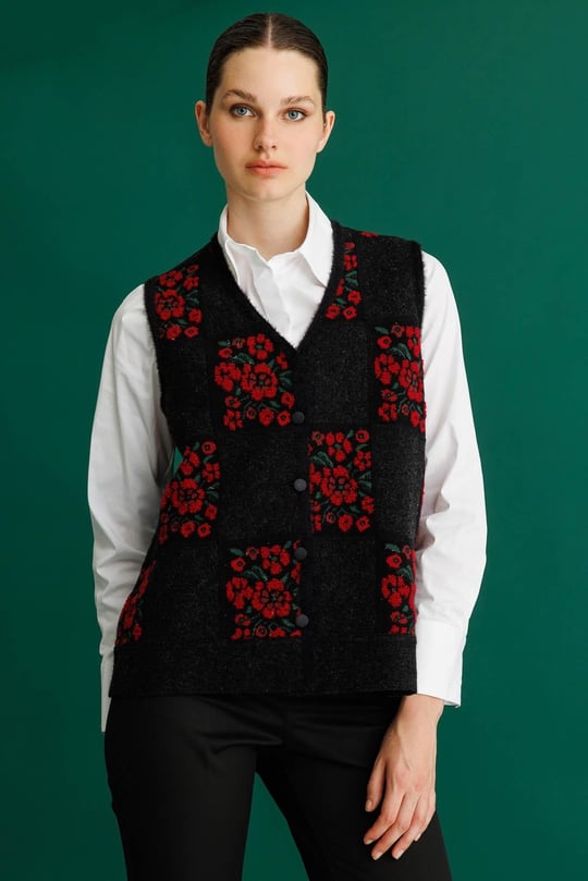 Kadın Pıtırcık Çiçekli Patchwork Keçe Yün Yelek Siyah_K.Kırmızı
