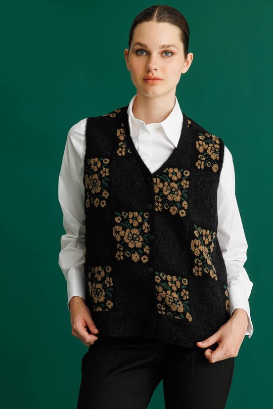 Kadın Pıtırcık Çiçekli Patchwork Keçe Yün Yelek Siyah_V.Camel