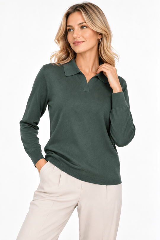 26652Kadın Polo Yaka Basic Düz Bluz A.Yeşil
