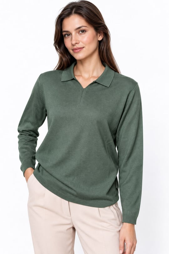 26652Kadın Polo Yaka Basic Düz Bluz A.Yeşil
