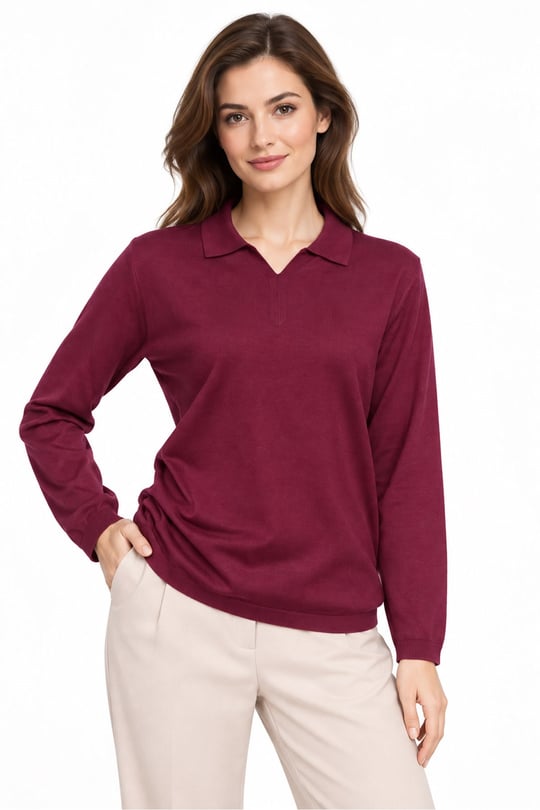 26652Kadın Polo Yaka Basic Düz Bluz Bordo