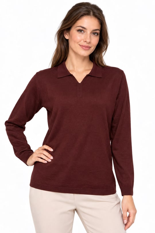 26652Kadın Polo Yaka Basic Düz Bluz Kahve