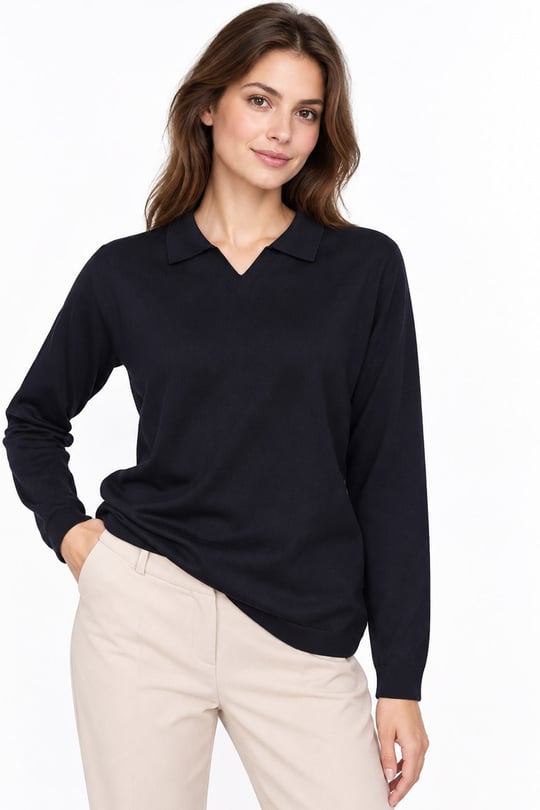 26652Kadın Polo Yaka Basic Düz Bluz Siyah