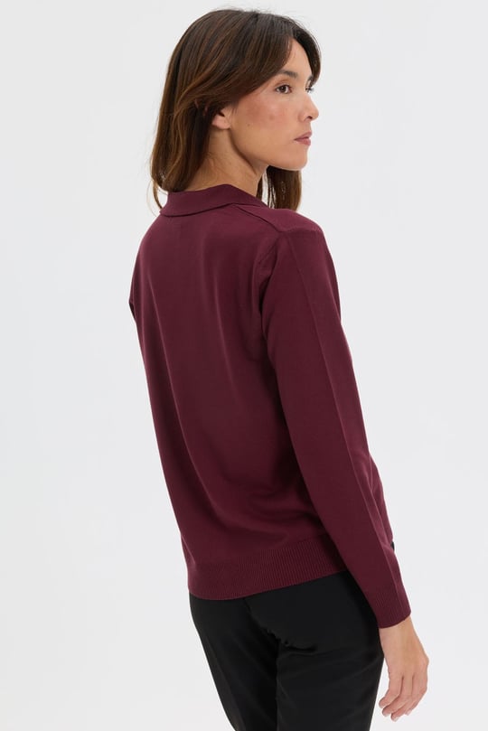 Kadın Polo Yaka Ceket Görünümlü Kazak Bordo